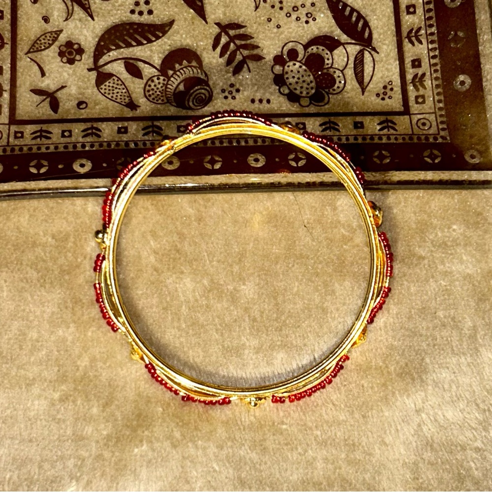 SALE!!! Gold-Tone Women’s Bangle Bracelet with Red Bead Accents